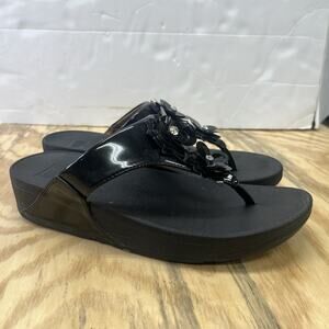 FitFlop Lulu Black Floral Bedazzled Lightweight Thong Sandals Women's Size 9